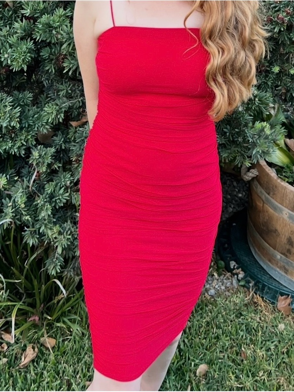 B Darlin Red Ruched Midi Dress with Spaghetti Straps